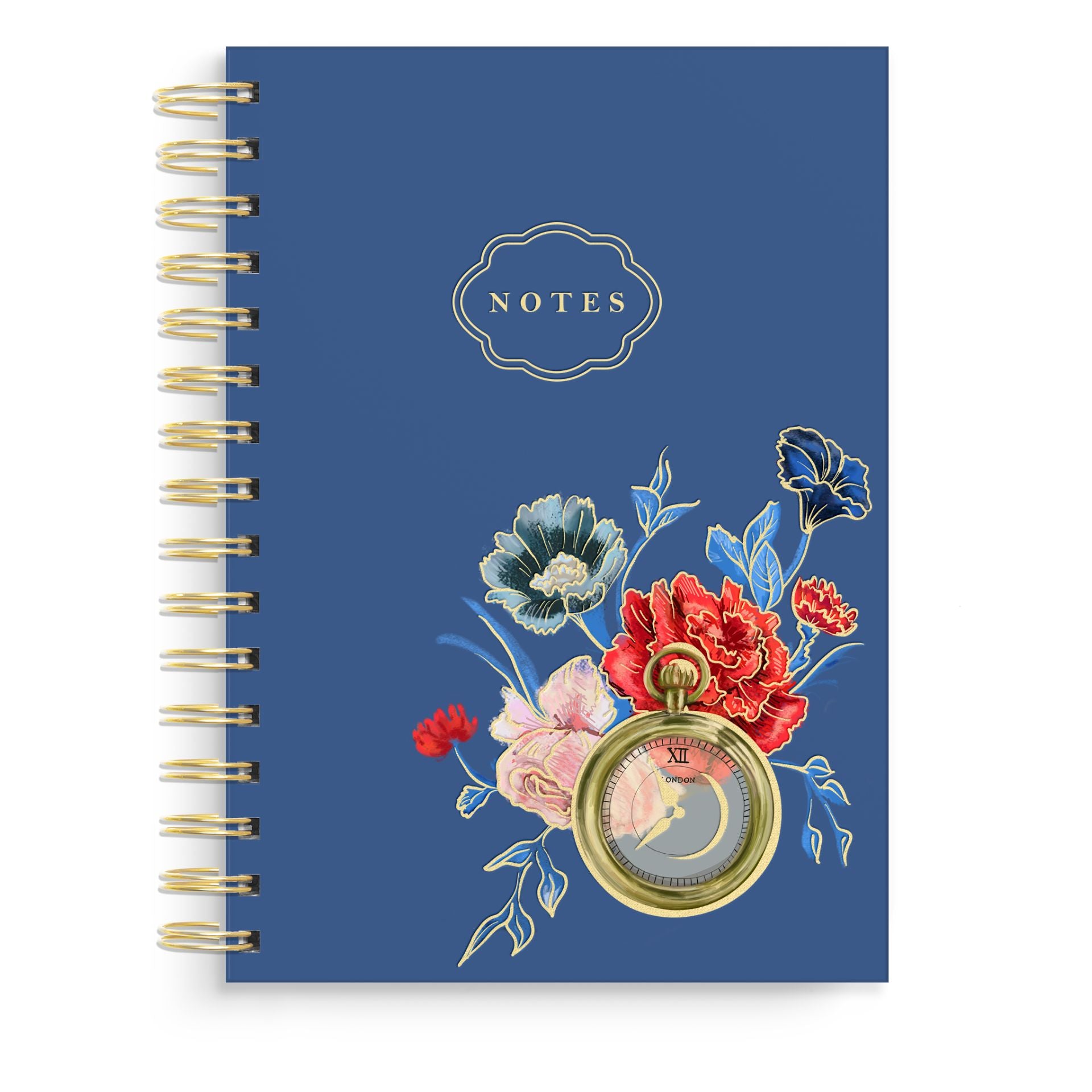 Floral Pocket Watch Spiral Notebook | Blue Gold Foil Journal – Good ...