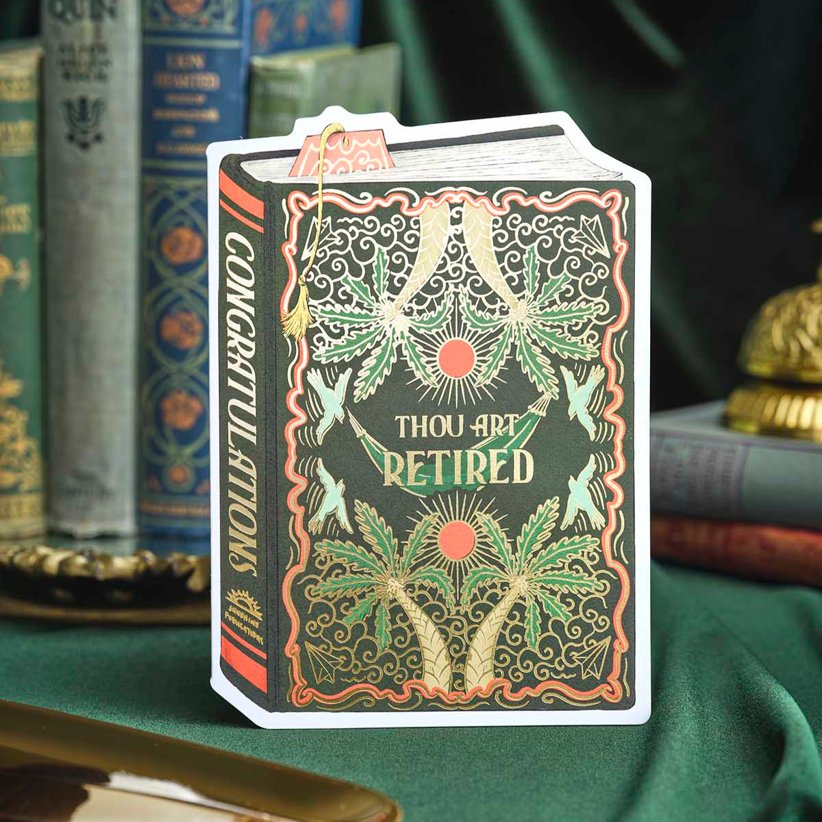 Retirement Book-Shaped Greeting Card – Vintage Green Design – Good Juju Ink